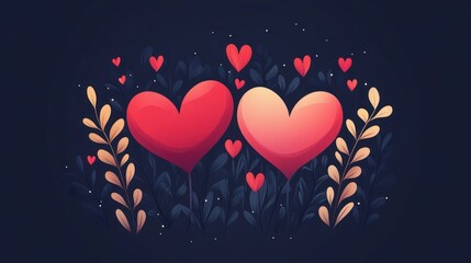 Two intertwined hearts surrounded by leaves and smaller hearts on a dark background