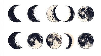 Lunar cycle phases illustration showcasing moon transformations from new to full in a detailed astronomical sequence