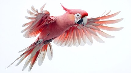 A vibrant red parrot in mid-flight, showcasing its majestic wings against a clean white background from a side viewpoint.