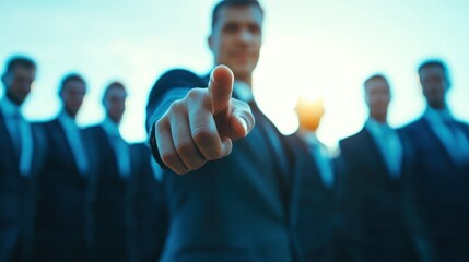 Businessman in focus pointing forward with a group of colleagues in the background