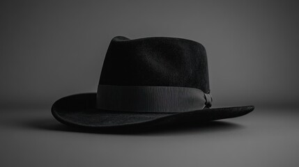 A black fedora hat lies on a gray surface viewed from the side