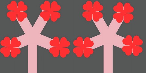 Beautiful pink trees with red flowers on gray background