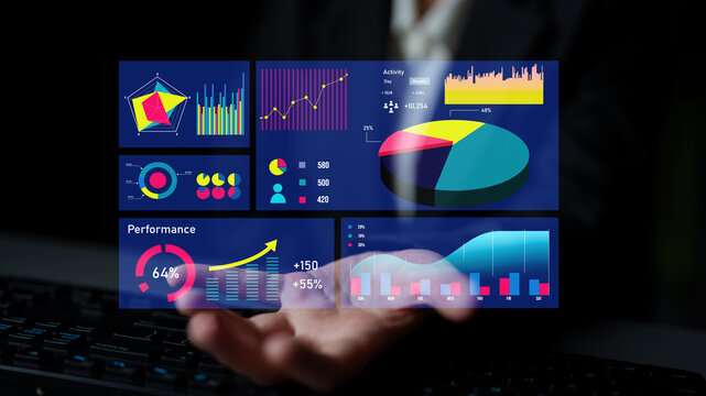 Modern digital dashboard showcasing business analytics with various data visualizations, including graphs and pie charts reflecting performance metrics and trends. Impute - Powered by Adobe