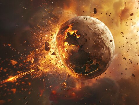 Concept art of proto Earth being struck Theia releasing volcanic magma into space Giant Impact Hypothesis early planetary collision artistic cosmic scene digital space render plain neutral background