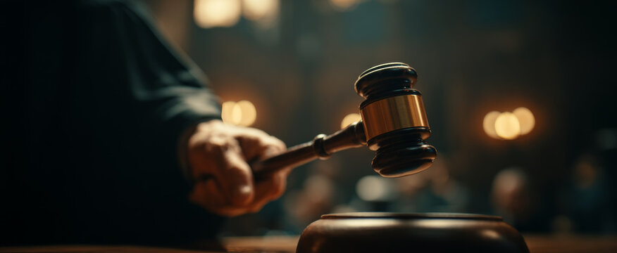 Judicial figure using a wooden gavel with a metallic band, striking a sound block during a legal proceeding or courtroom setting