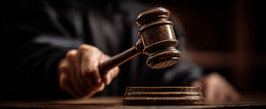 Judicial scene featuring a judge's hand gripping a wooden gavel with a polished texture, striking a sound block during a courtroom session