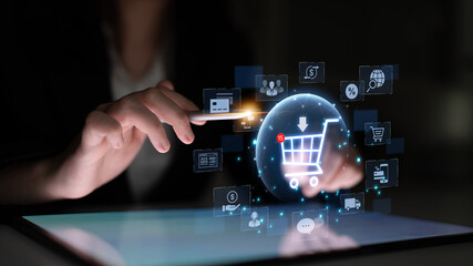 Concept of e-commerce and online shopping technology. A digital marketplace with a customer shopping cart, payment options, and worldwide delivery for a complete retail experience. Fermion