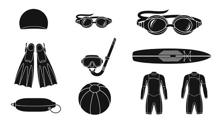 Swimming and Water Sports Equipment Collection in Black and White.