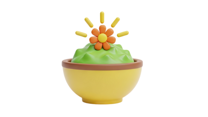 3D illustration of a bowl of guacamole with a flower on top on transparent background