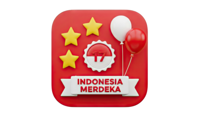 3D Indonesia Merdeka 3D Icon with Stars and Balloons on transparent background