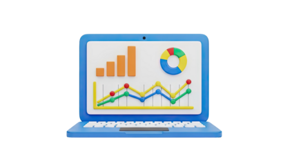 3D Laptop displaying charts and graphs on transparent background