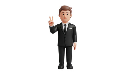 3D Man in Suit Giving Peace Sign on transparent background