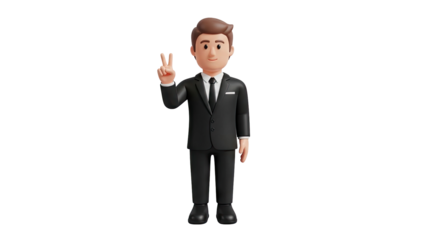 3D Man in Suit Giving Peace Sign on transparent background