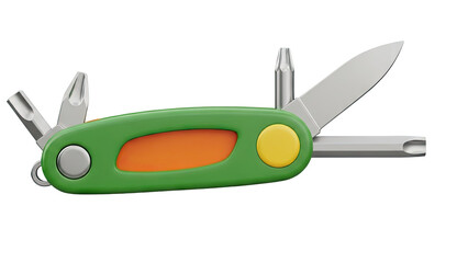 3D Multi-tool with knife and screwdriver bits on transparent background