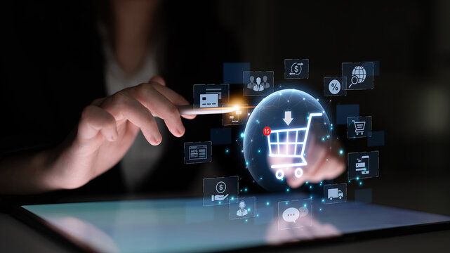 Concept of e-commerce and online shopping technology. A digital marketplace with a customer shopping cart, payment options, and worldwide delivery for a complete retail experience. Fermion - Powered by Adobe