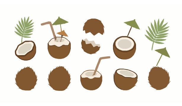 Cute coconut doodle set with tropical cocktail accessories flat vector