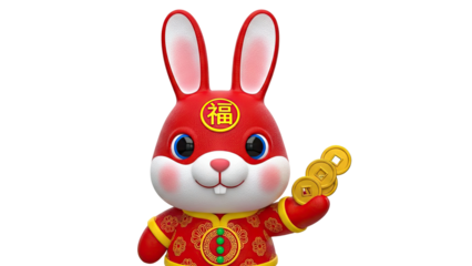 3D Red Rabbit with Chinese Coins and Fu Character on transparent background