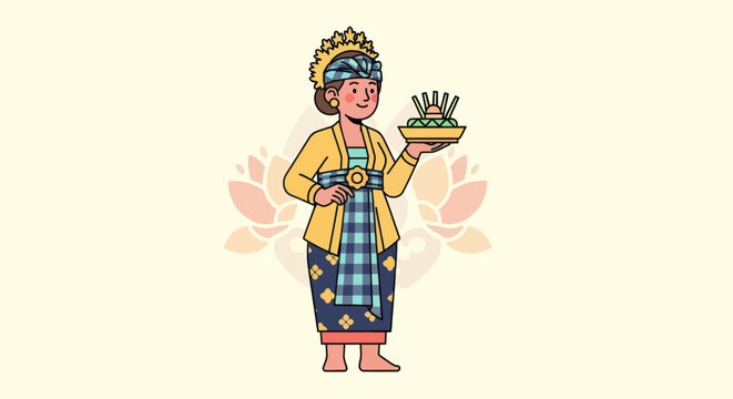 A woman in traditional Balinese attire holds an offering, against a flower background