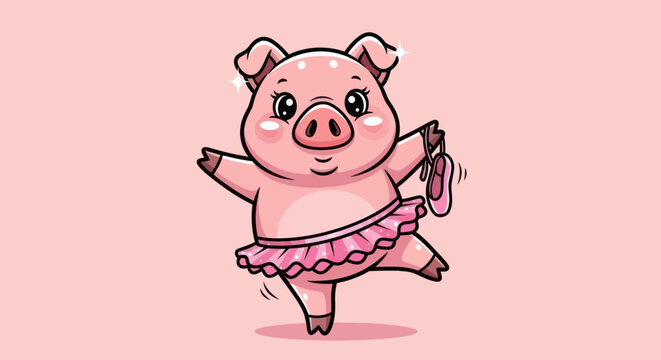 A cute, cartoon pig in a tutu and ballet shoes dances on one leg