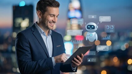 Businessman interacting with a chatbot on a tablet in a modern cityscape, showcasing digital communication and technology trends