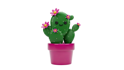 3D Cute Cartoon Cactus with Flowers in a Pink Pot on transparent background