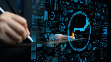 This image depicts a futuristic digital interface that highlights robotic automation and data analytics in an industrial setting, showcasing advanced technology. Cipher