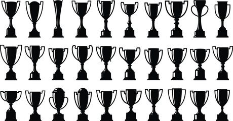 Trophy cup silhouettes collection, award trophies and winners cups set, championship prize vector illustration, sports achievement success icons isolated on white background