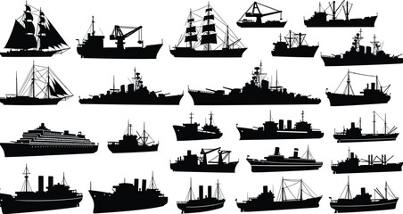 Various ship silhouettes vector collection, maritime vessel profiles illustration set, naval transport, cargo ships, warships, sailing boats, cruise liners, black silhouettes © Gita