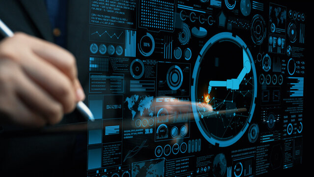 This image depicts a futuristic digital interface that highlights robotic automation and data analytics in an industrial setting, showcasing advanced technology. Cipher - Powered by Adobe