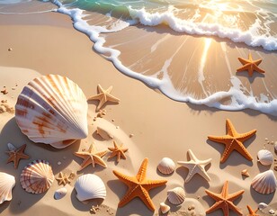 Sunny beach scene with seashells, starfish, and gently crashing waves