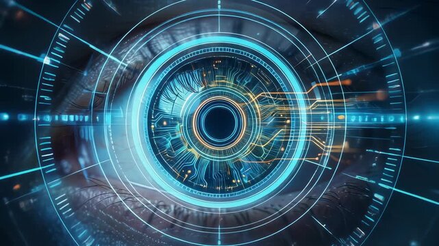 Futuristic eye with digital technology and circuits, symbolizing vision and innovation