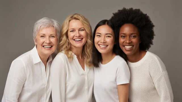 Diverse group of women smiling together in a studio setting, celebrating friendship and empowerment