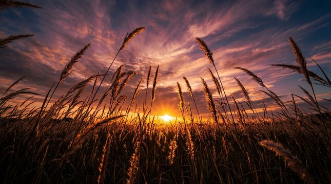 Low angle view of tall grass silhouettes against dramatic purple sunset sky. - Powered by Adobe