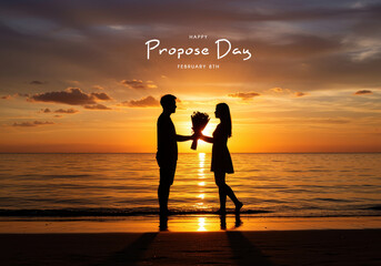 Couple exchanging bouquet on beach at sunset with golden sky flowers