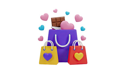 Obraz premium 3D Shopping Bags with Chocolate and Hearts on transparent background
