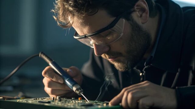 Electronics technician soldering circuit board with precision soldering iron repair focused delicate electronics repair and concentration wearing