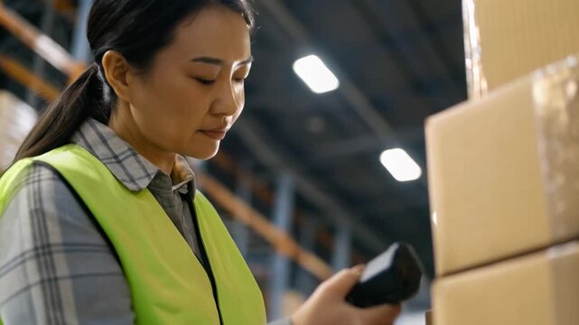 Warehouse worker scanning cardboard box with focused expression wearing safety vest in industrial storage facility scanning cardboard package storage