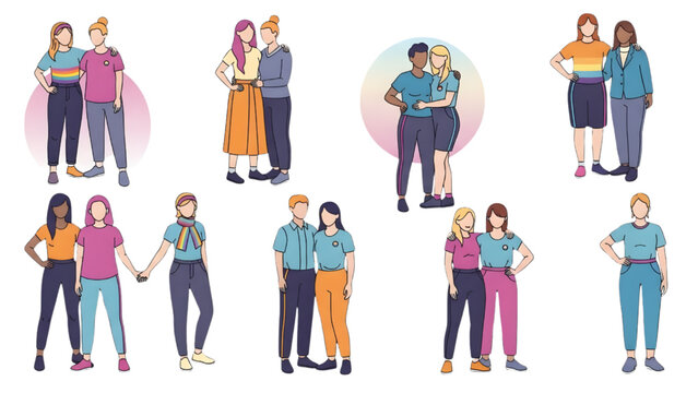 LGBTQ+ Pride Community Vector Illustration Set of Diverse Couples and Friends in Flat Line Art Style