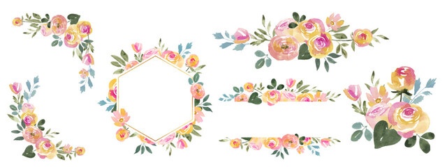 Pink and Orange Watercolor Floral Bouquet and Frame Set