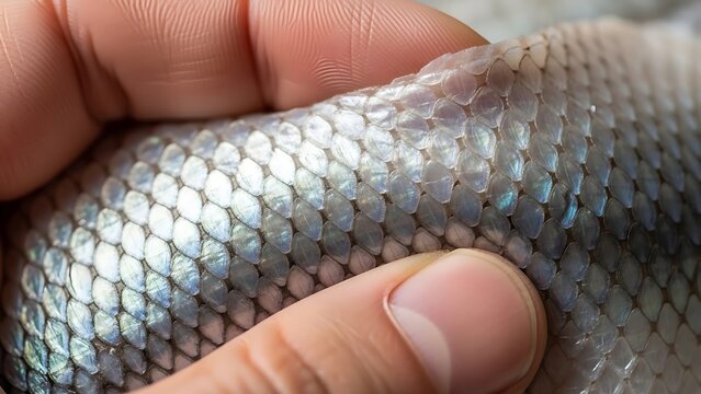 Close-up of Fish Scales Demonstrating Iridescent Pattern with Fingertips Touch