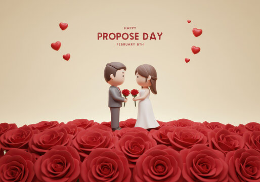 Romantic 3D Couple Proposing Surrounded by Red Roses and Hearts propose day proposal