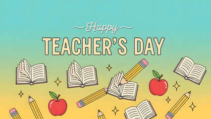 A colorful celebration of Teacher's Day with books, pencils, and apples scattered around