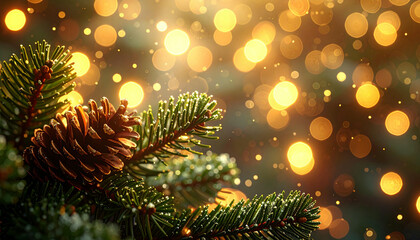 Close-up of a pine branch with a pinecone and festive golden bokeh lights in the background, evoking a holiday spirit.