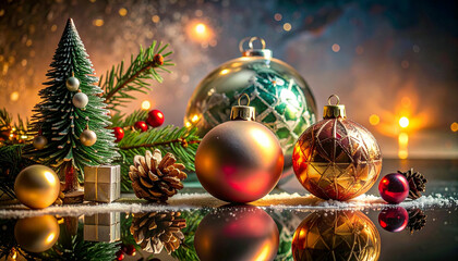 A festive arrangement of colorful Christmas ornaments, a miniature tree, and pine cones on a reflective surface with bokeh lights.