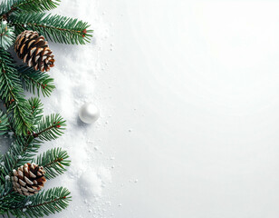 Green fir branches with pine cones and a white bauble on snow, creating a festive winter border on a white background with copy space.