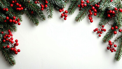 Festive Christmas border with green fir branches and red berries on a white background, lightly dusted with snow.