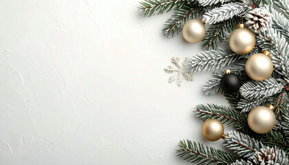 Snowy fir branch with golden and black Christmas ornaments and a silver snowflake on a white background, festive holiday season decoration.