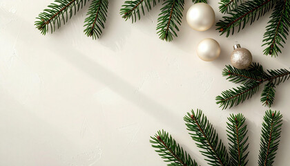 Overhead view of green fir tree branches and shiny Christmas ornaments on a clean white background, creating a festive holiday border.