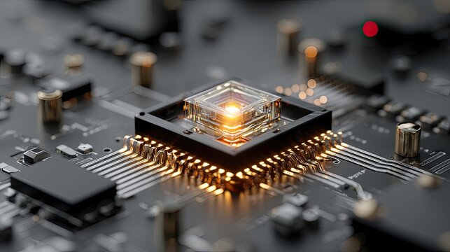Futuristic Supercomputing Interface: Abstract Glowing Quantum Processor and Advanced Circuitry - Powered by Adobe