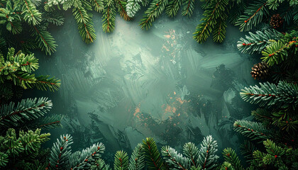 Dark green pine tree branches forming a natural frame around a mystical winter background, perfect for holiday designs.